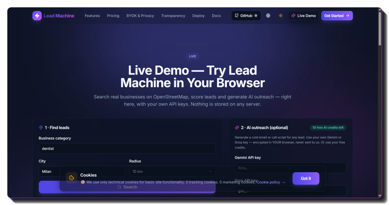 Lead Machine live demo results — dark mode