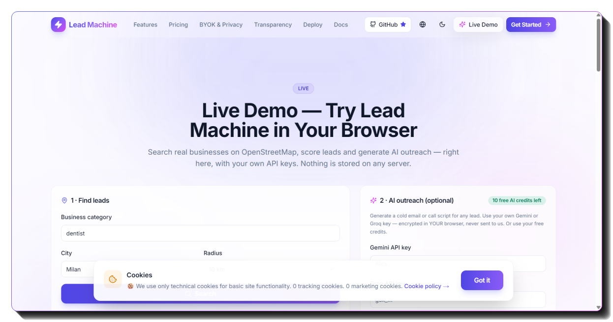 Lead Machine live demo results — light mode