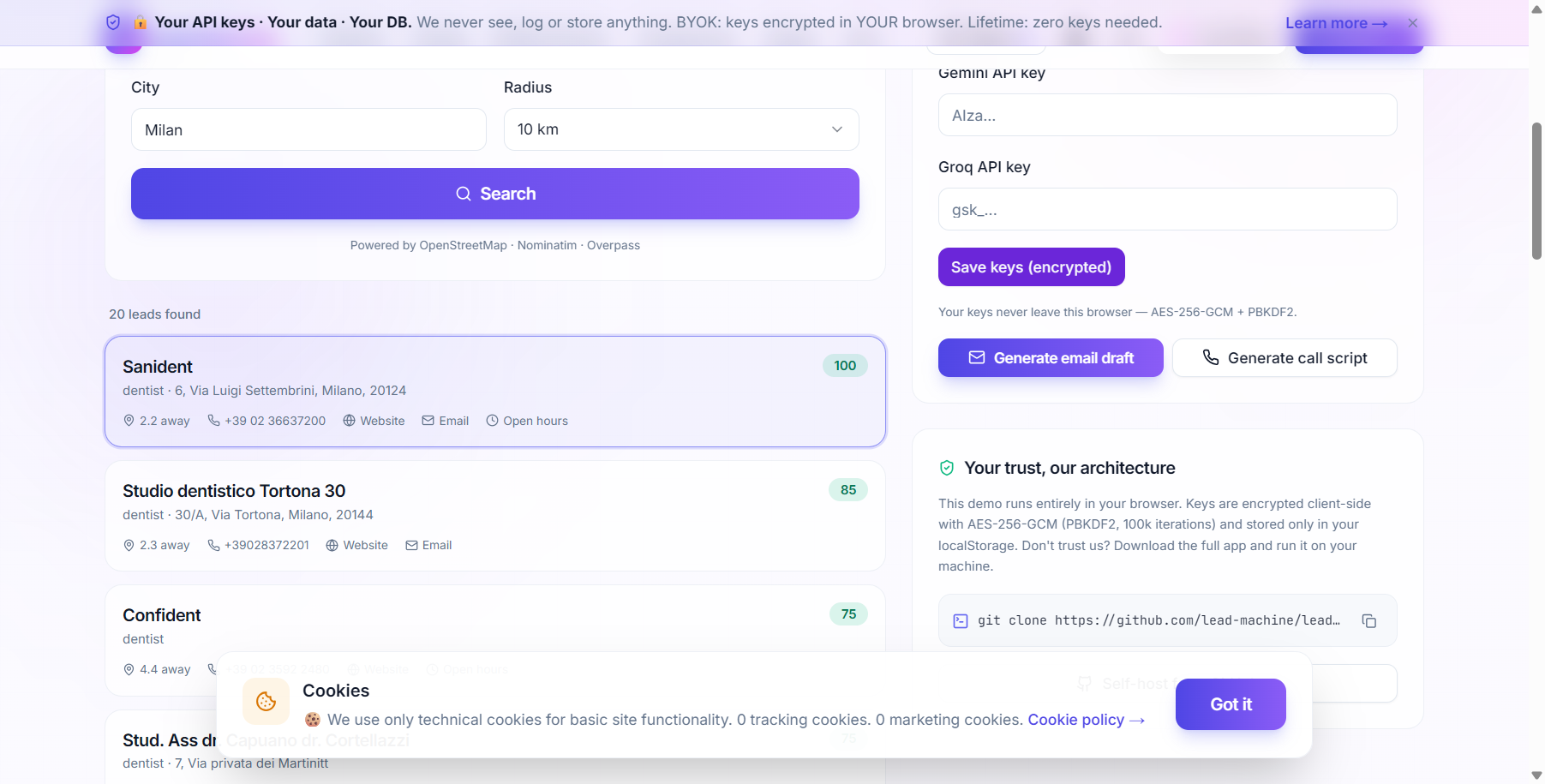 Lead Machine live demo in the browser