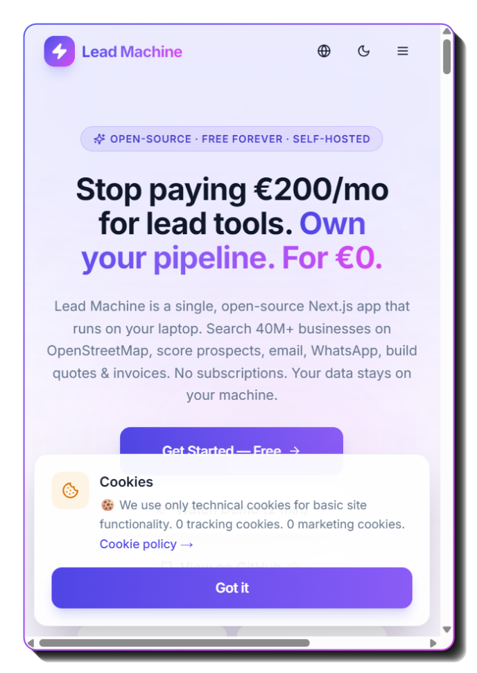 Lead Machine landing page on mobile